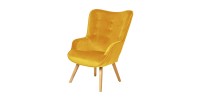 Fauteuil de salon en velours jaune moutarde avec pieds en bois collection ENJOY. Style scandinave