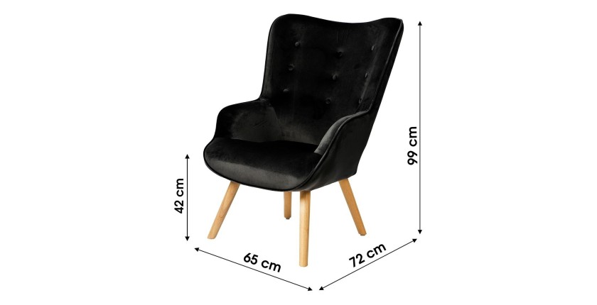 Fauteuil de salon en velours noir avec pieds en bois collection ENJOY. Style scandinave