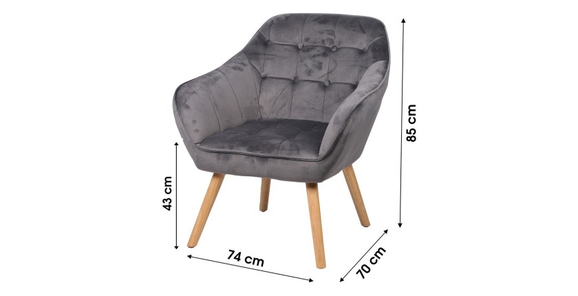 Fauteuil en velours gris avec pieds en bois – 74x70xH85 cm, hauteur d'assise 43 cm – Collection VELUREA