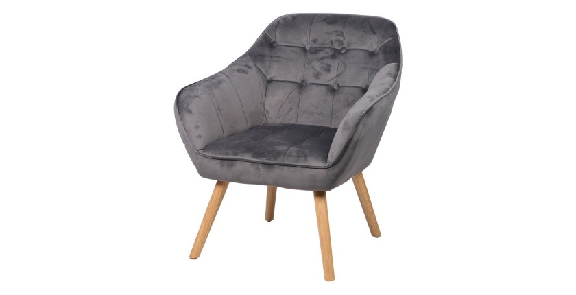 Fauteuil en velours gris avec pieds en bois – 74x70xH85 cm, hauteur d'assise 43 cm – Collection VELUREA