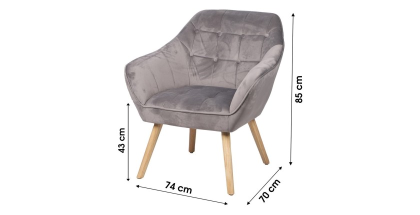 Fauteuil en velours gris clair avec pieds en bois – 74x70xH85 cm, hauteur d'assise 43 cm – Collection VELUREA