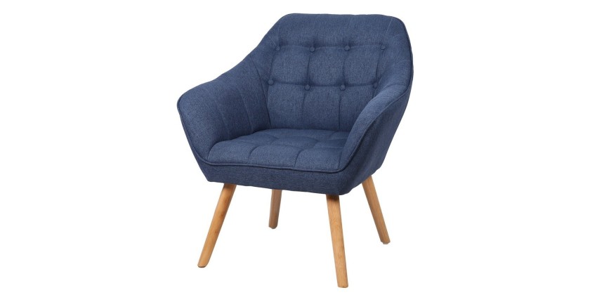 Fauteuil en tissu bleu avec pieds en bois – 74x70xH85 cm, hauteur d'assise 43 cm – Collection ARCTIKA