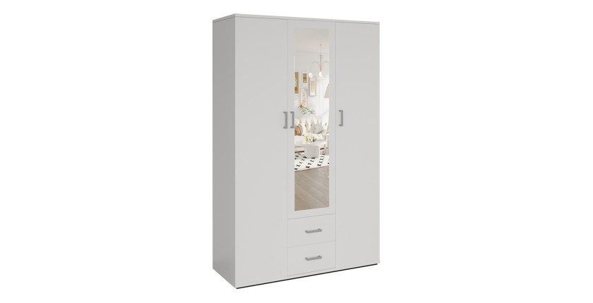 Armoire 3 portes avec miroir TOM – Dimensions H185 x L120 x P52 cm – Coloris blanc – Style design