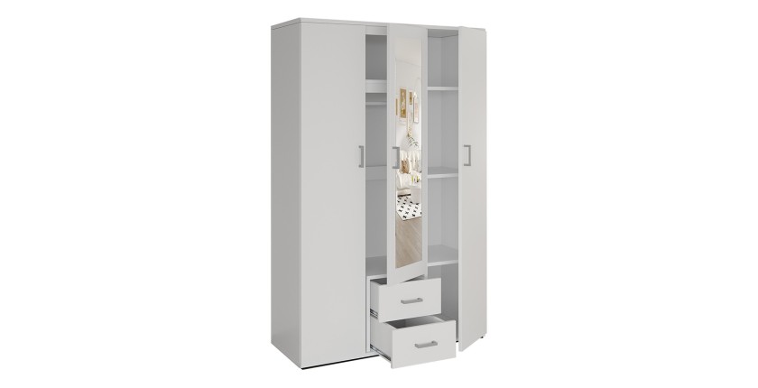 Armoire 3 portes avec miroir TOM – Dimensions H185 x L120 x P52 cm – Coloris blanc – Style design