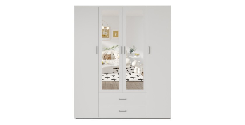 Armoire 4 portes avec 2 miroirs TOM – Dimensions H185 x L160 x P52 cm – Coloris blanc – Style design