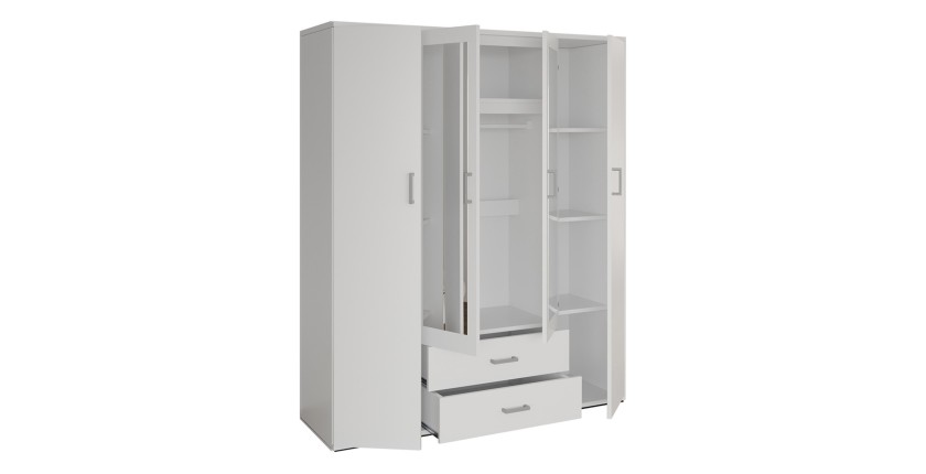 Armoire 4 portes avec 2 miroirs TOM – Dimensions H185 x L160 x P52 cm – Coloris blanc – Style design