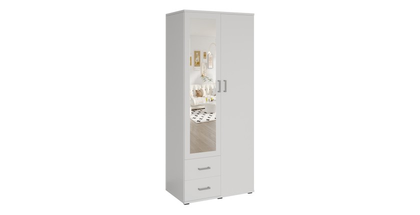 Armoire 2 portes avec miroir TOM – Dimensions H185 x L80 x P52 cm – Coloris blanc – Style design