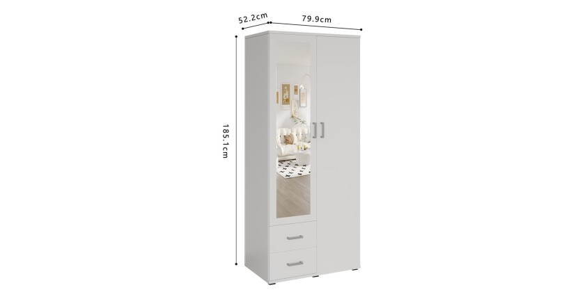 Armoire 2 portes avec miroir TOM – Dimensions H185 x L80 x P52 cm – Coloris blanc – Style design