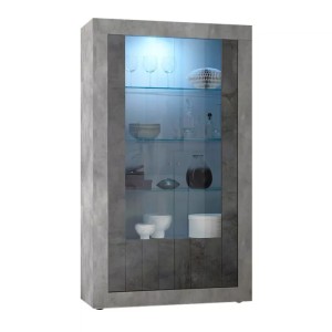 Vitrine haute avec 2 portes en verres, collection URBAN, coloris gris aspect béton