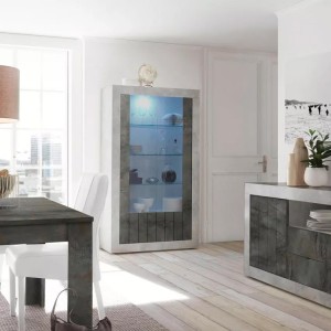 Vitrine haute avec 2 portes en verres, collection URBAN, coloris gris aspect béton