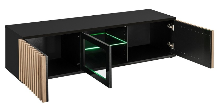 Meuble TV 160cm coloris chêne et noir collection DEAN. Meuble design avec 2 portes et 2 niches.