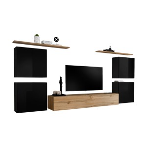 Ensemble meuble salon SWITCH IV design, coloris chêne Wotan et noir brillant .