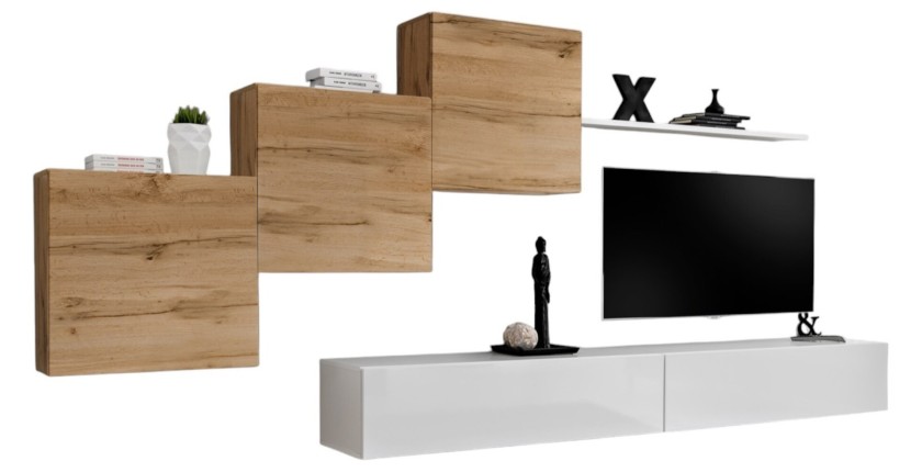Ensemble meuble salon mural SWITCH X design, coloris blanc brillant et chêne Wotan.