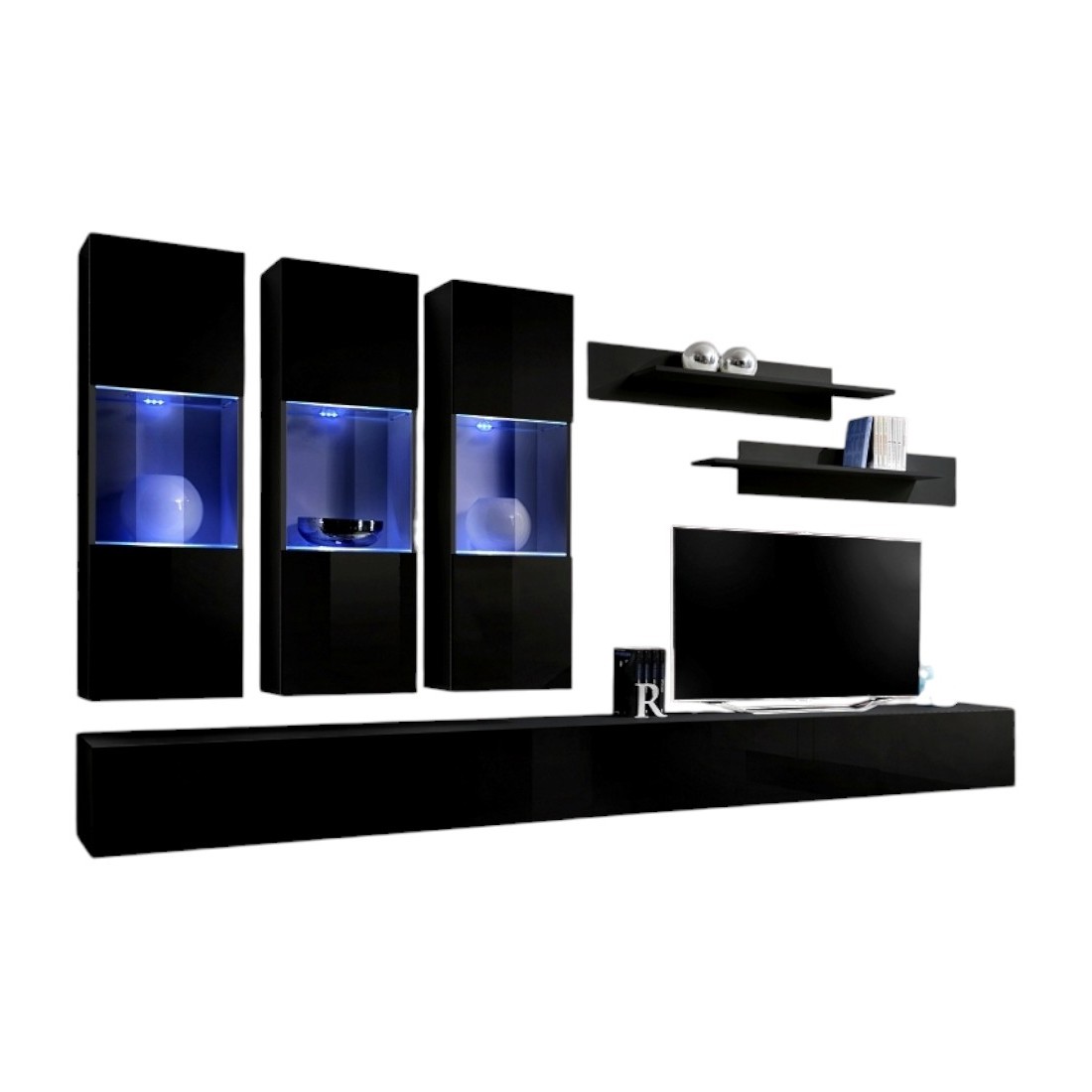 Meuble TV FLY E3 design, coloris noir brillant. Meuble suspendu moderne et tendance pour votre salon.
