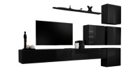Ensemble meuble salon mural SWITCH IX design, coloris noir brillant.