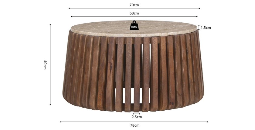 Table basse ronde en bois massif collection DELHI diamètre 70cm - Style ethnique et design