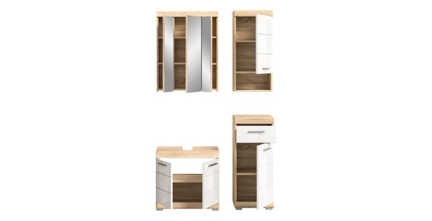 Ensemble de meubles de salle de bain RIDLEY – Meuble sous vasque, rangement miroir, 2 demi colonnes – Blanc et chêne clair