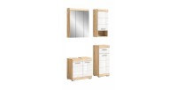 Ensemble de meubles de salle de bain RIDLEY – Meuble sous vasque, rangement miroir, 2 demi colonnes – Blanc et chêne clair