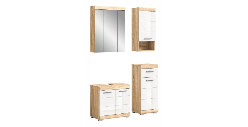 Ensemble de meubles de salle de bain RIDLEY – Meuble sous vasque, rangement miroir, 2 demi colonnes – Blanc et chêne clair