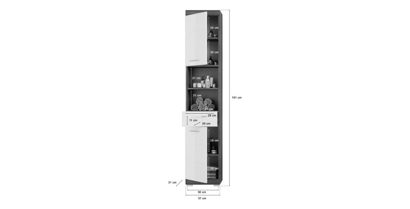 Colonne de salle de bain SCOTT – 2 portes et 1 tiroir – Gris foncé et blanc – 37x191x31 cm