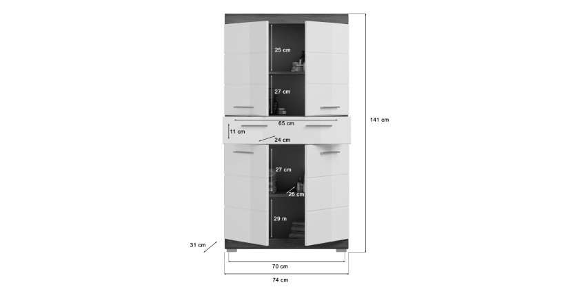 Meuble de rangement SCOTT – 4 portes et 1 tiroir – Gris foncé et blanc – 74x141x31 cm