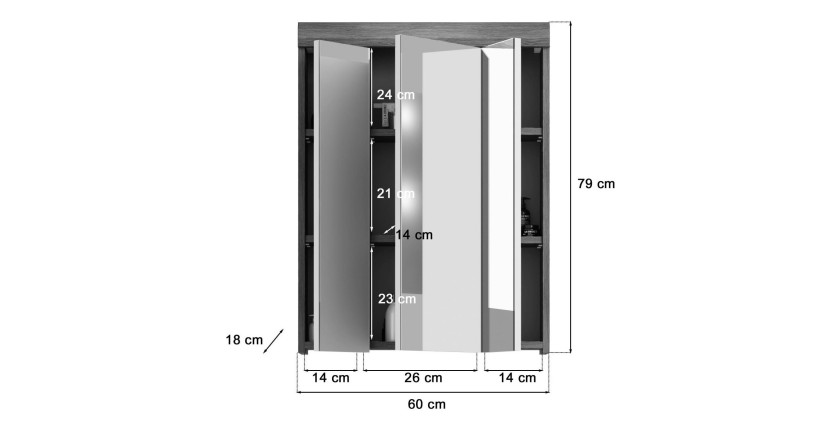 Meuble de rangement haut SCOTT – 3 portes avec miroir – Gris foncé et blanc – 60x79x18 cm