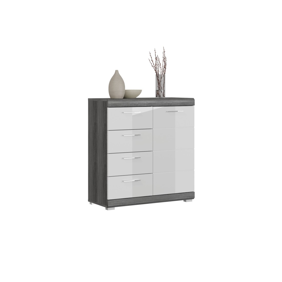 Buffet SCOTT – 4 tiroirs et 1 porte – Gris foncé et blanc – 80x85x37 cm