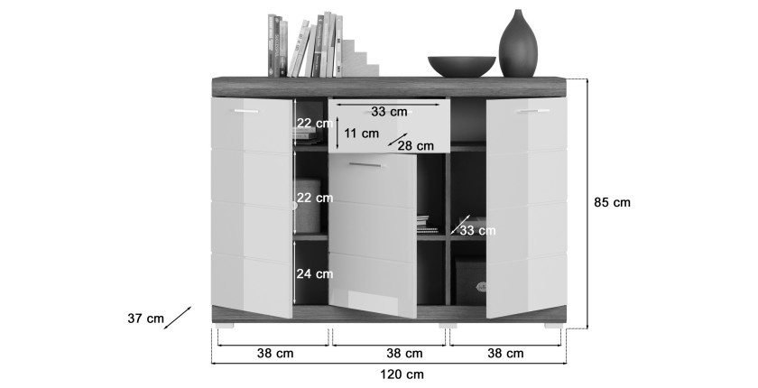 Buffet SCOTT – 3 portes et 1 tiroir – Gris foncé et blanc – 120x85x37 cm