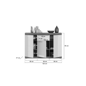 Buffet SCOTT – 3 portes et 1 tiroir – Gris foncé et blanc – 120x85x37 cm