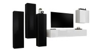 Salonmeubelset SWITCH III – Modern ontwerp – Glanzend zwart en wit – Hangende TV-meubel en opbergruimtes