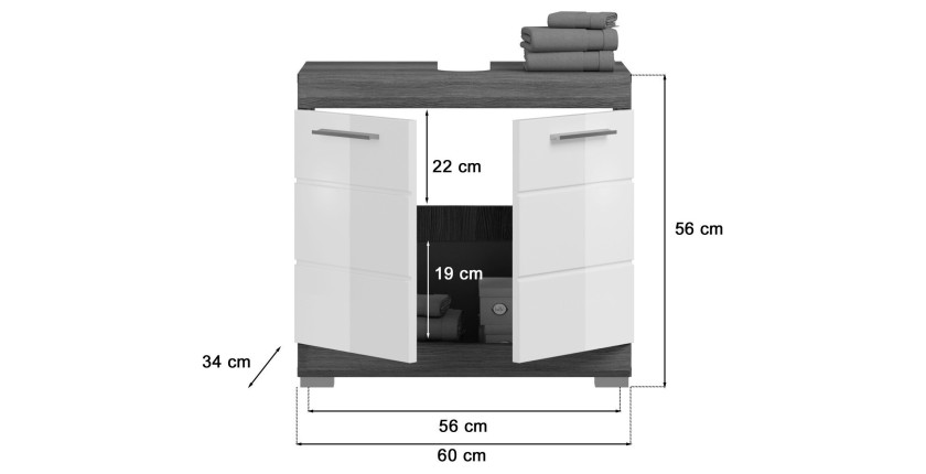 Mobile sotto lavabo SCOTT – 2 ante – Grigio scuro e bianco – 60x56x34 cm 