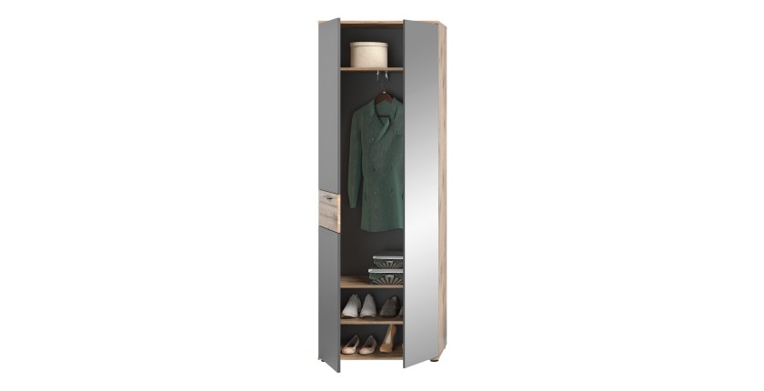 Armoire d'entrée avec miroir et penderie – Gris anthracite et chêne clair – SELMA 