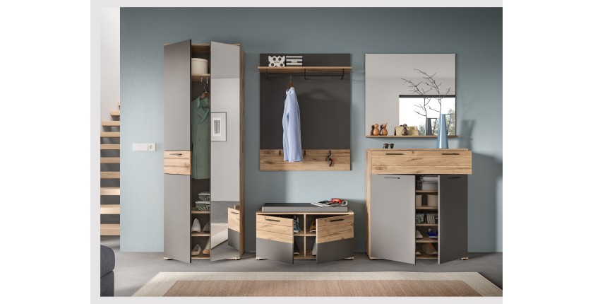 Ensemble de salle de bain : meuble sous vasque + demi colonne + miroir – Gris anthracite et chêne clair – SELMA