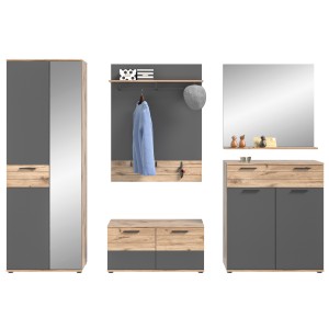 Ensemble de salle de bain : meuble sous vasque + demi colonne + miroir – Gris anthracite et chêne clair – SELMA