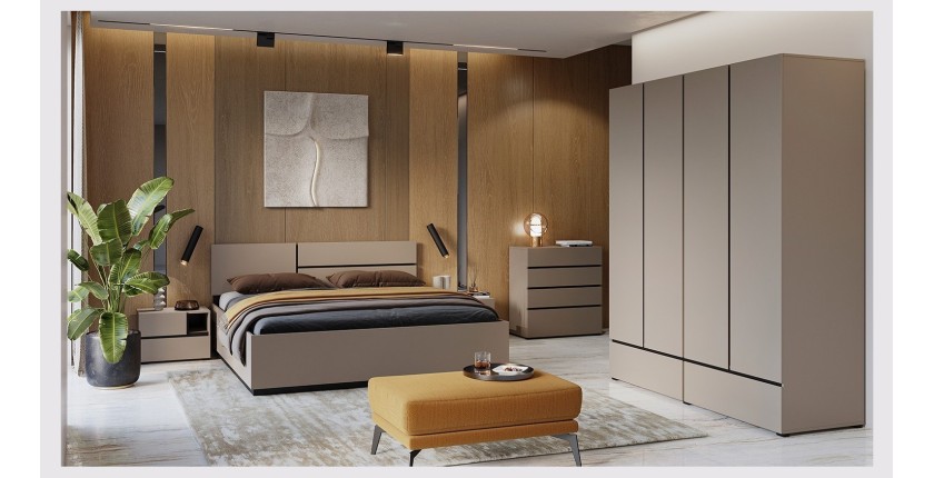 Komplettes Industrie-Schlafzimmer-Set MILOS: Kleiderschrank, Stauraumbett 160x200, Kommode, Nachttische, rohe Eiche/schwarz