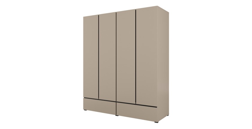 Chambre complète HAVANA beige et noir – Lit coffre 180x200, armoire 4 portes, chevets et commode