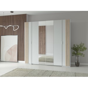 Armoire FLORENCE – Blanc et chêne – 2 portes coulissantes + 2 battantes – L218 cm – 10 étagères