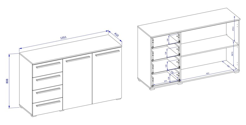 Commode BOMBAY – Blanc brillant – 4 tiroirs et 2 portes – Éclairage LED multicolore
