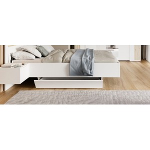 Pack lit FLORENCE – 160x200 cm – Avec sommier + 2 tiroirs – Chevets intégrés – Blanc et chêne