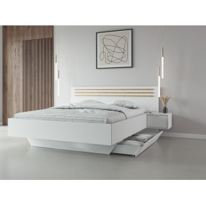 Chambre complète FLORENCE – Lit 180x200 + sommier + tiroirs + armoire + commode – Blanc et chêne